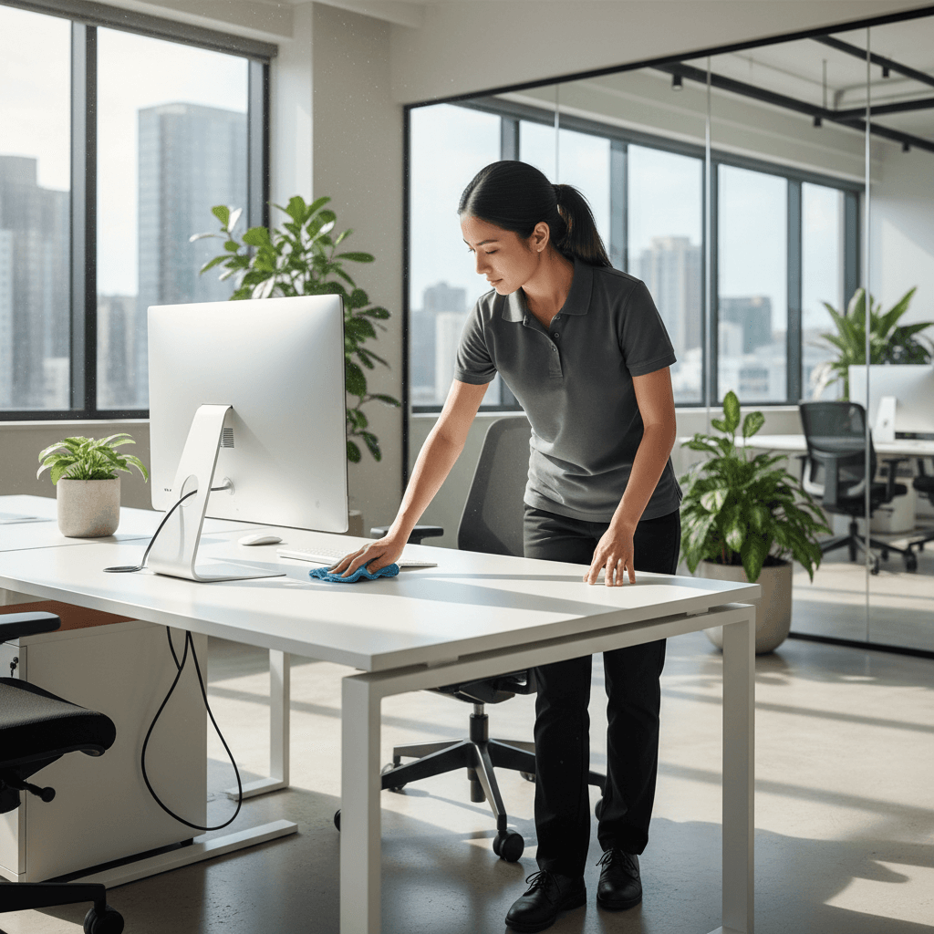 Cleaner wiping an office desk in Toronto