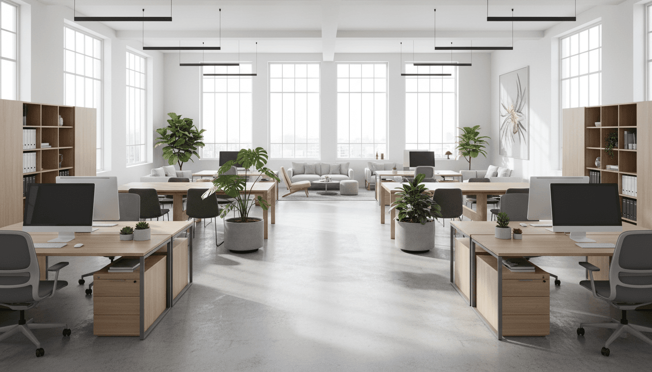 Clean and organized commercial office space with polished floors and natural light
