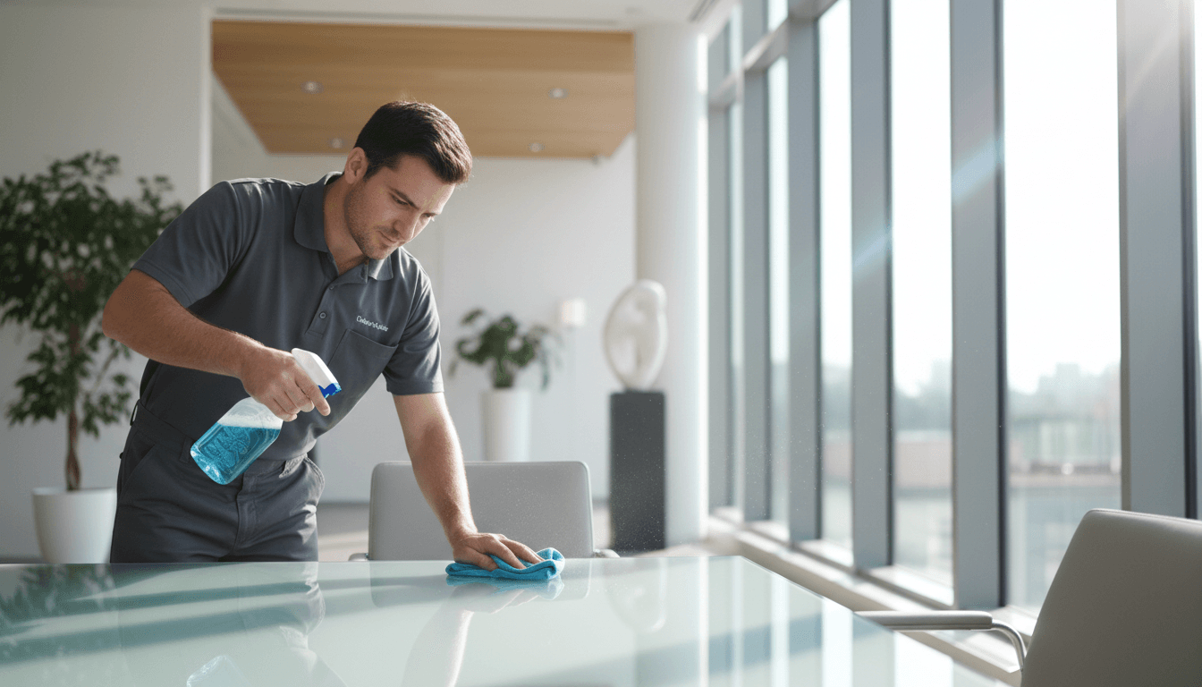 Commercial cleaner wiping down desk in bright office